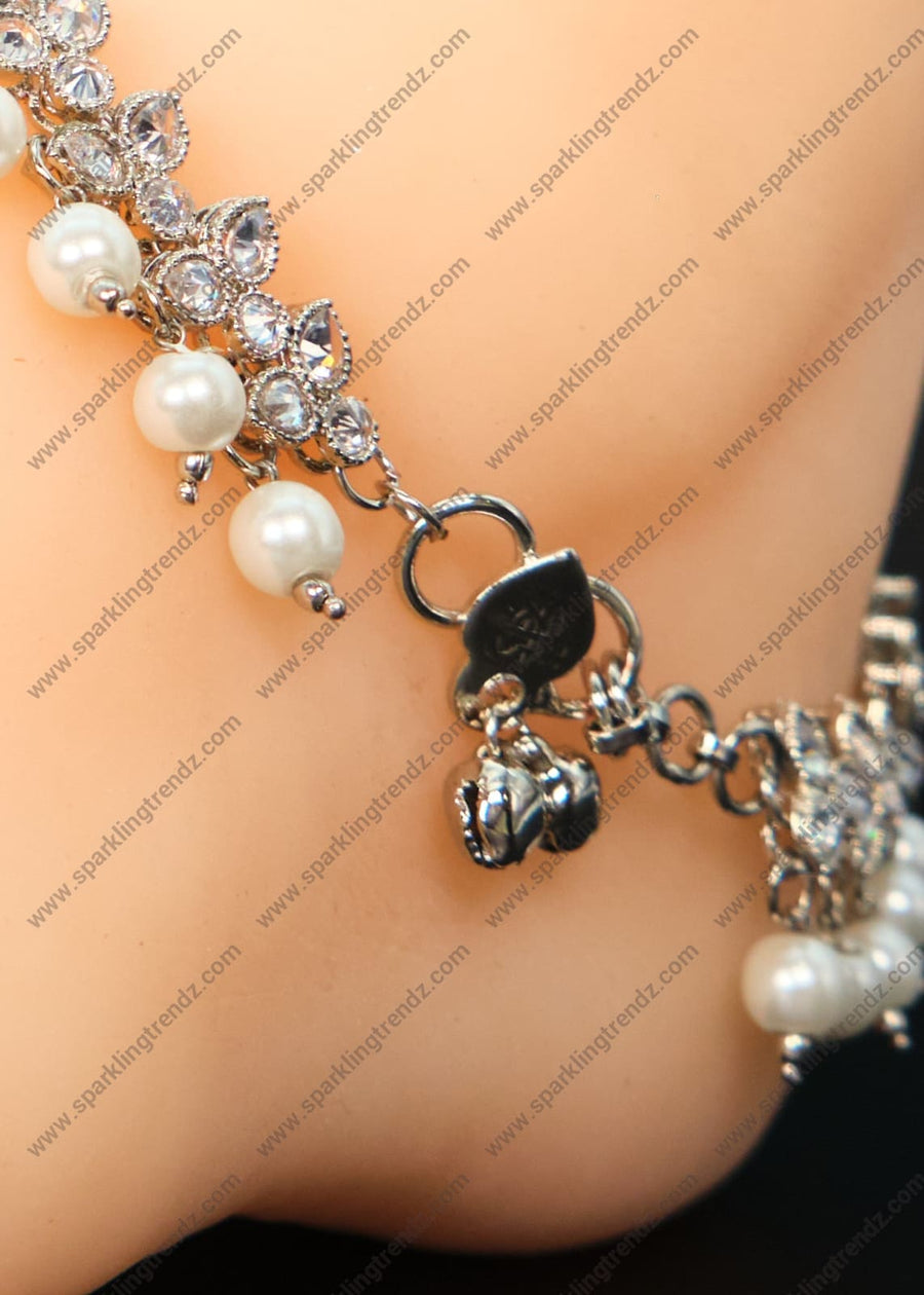 Mahi White Silver Polki Anklet Set Anklets