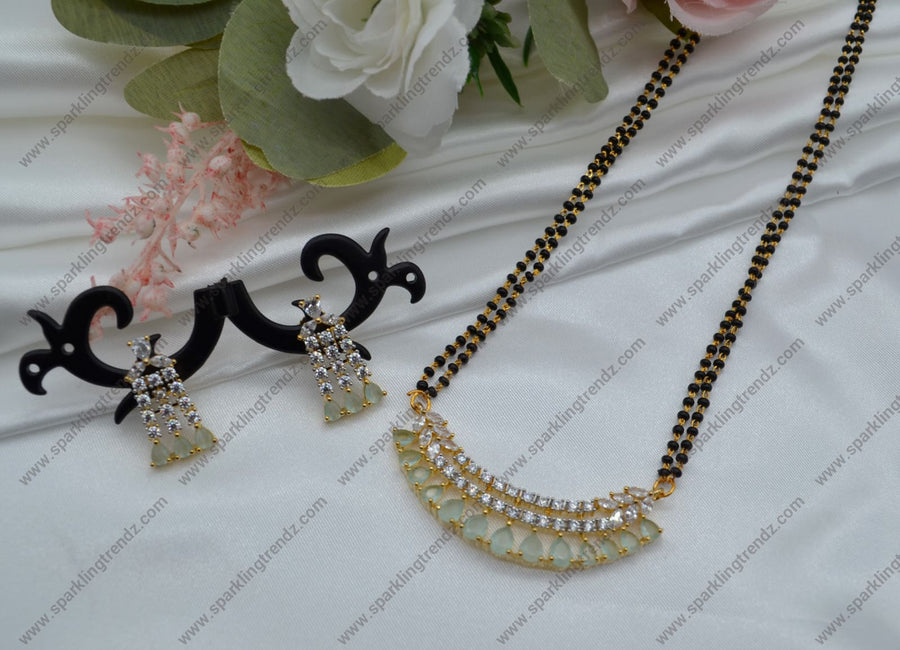 Mint Cubic Zirconia White Black Beads Mangalsutra Necklace Set Necklaces