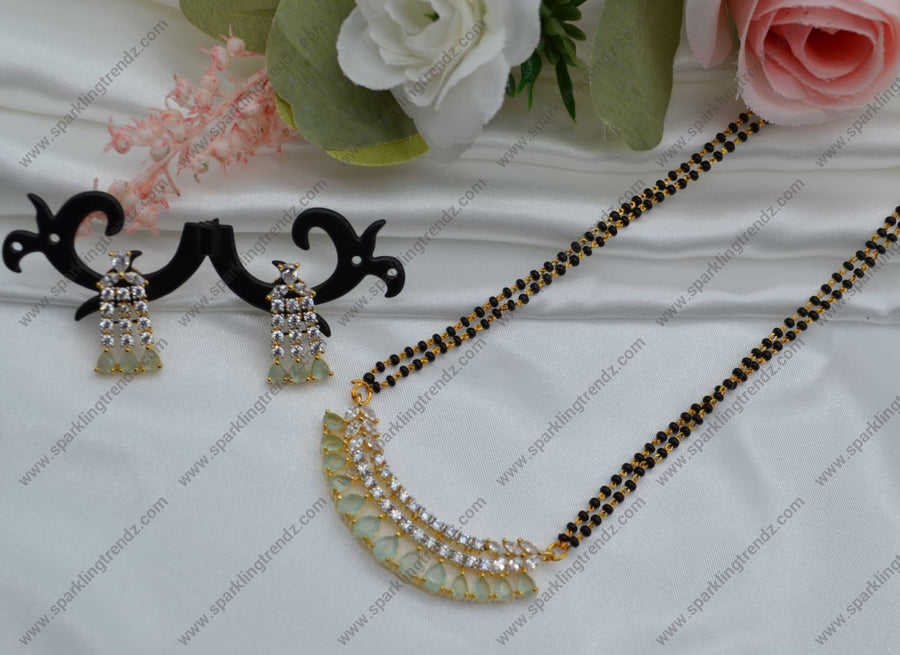 Mint Cubic Zirconia White Black Beads Mangalsutra Necklace Set Necklaces