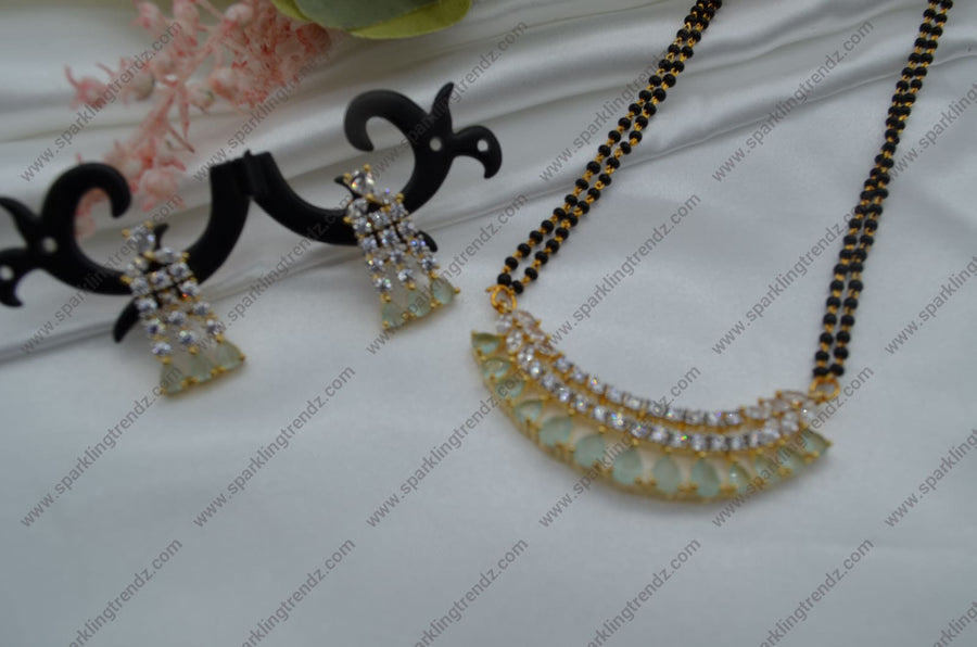 Mint Cubic Zirconia White Black Beads Mangalsutra Necklace Set Necklaces
