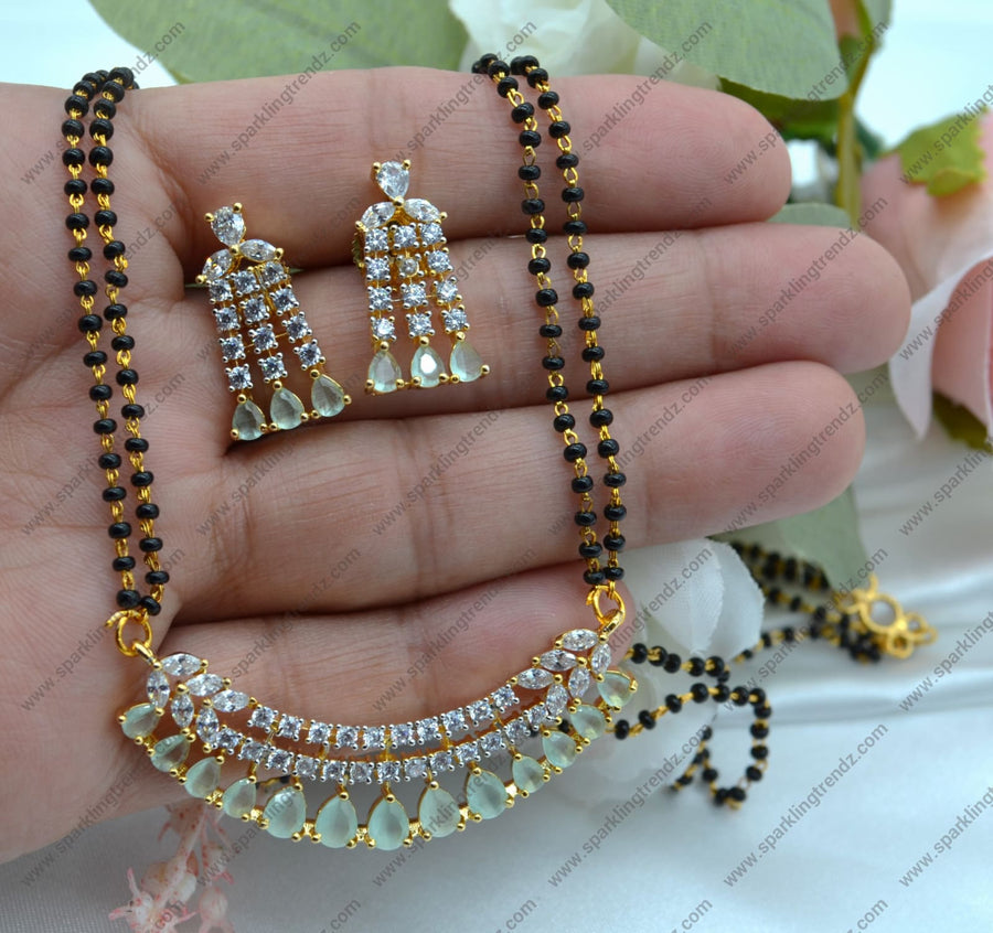 Mint Cubic Zirconia White Black Beads Mangalsutra Necklace Set Necklaces