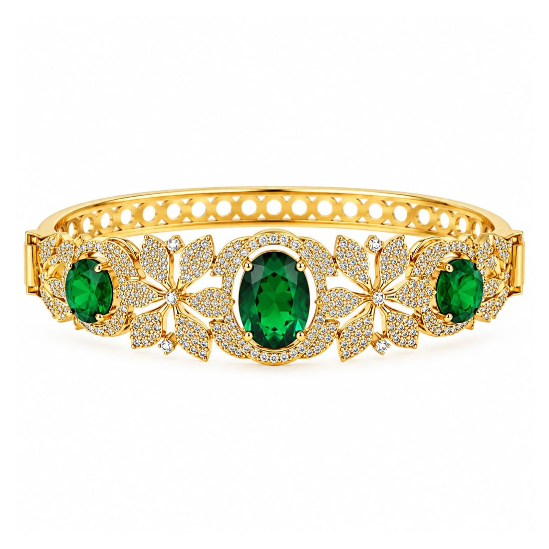 Openable gold polish American diamond bracelet with emerald green oval stones and pave floral design – Sparkling Trendz
