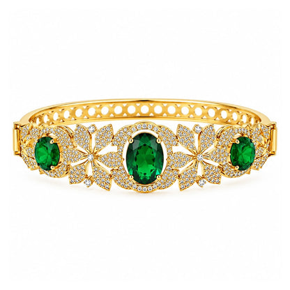 Openable gold polish American diamond bracelet with emerald green oval stones and pave floral design – Sparkling Trendz