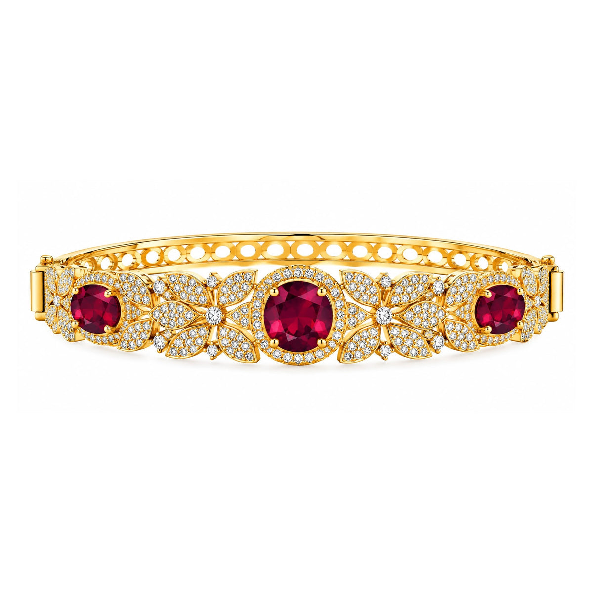 Openable gold polish American diamond bracelet with ruby red stones and pave floral design – Sparkling Trendz