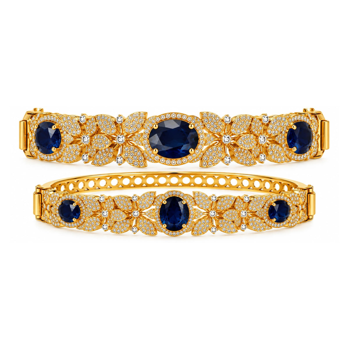 Openable gold polish American diamond bracelet with sapphire blue stones, front and side views – Sparkling Trendz