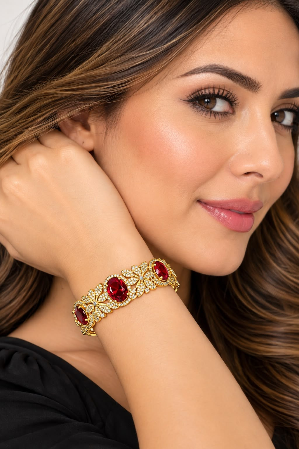 Ruby American diamond gold bracelet worn on the wrist – Sparkling Trendz
