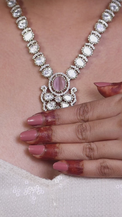 Pink Victorian Kundan American Diamond Long Necklace Set video