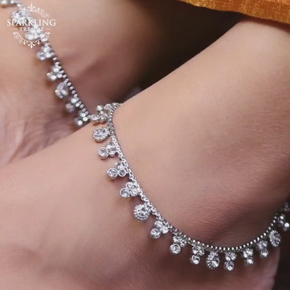 CZ Silver Traditional Anklet Set - Payal