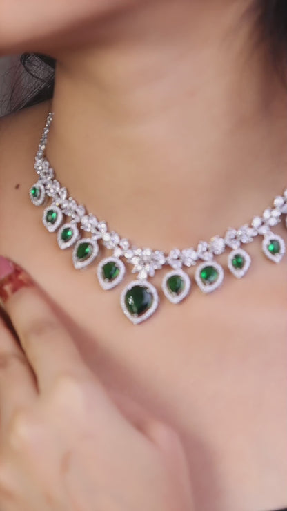 Emerald Green American Diamond Pear Drop Necklace Set video