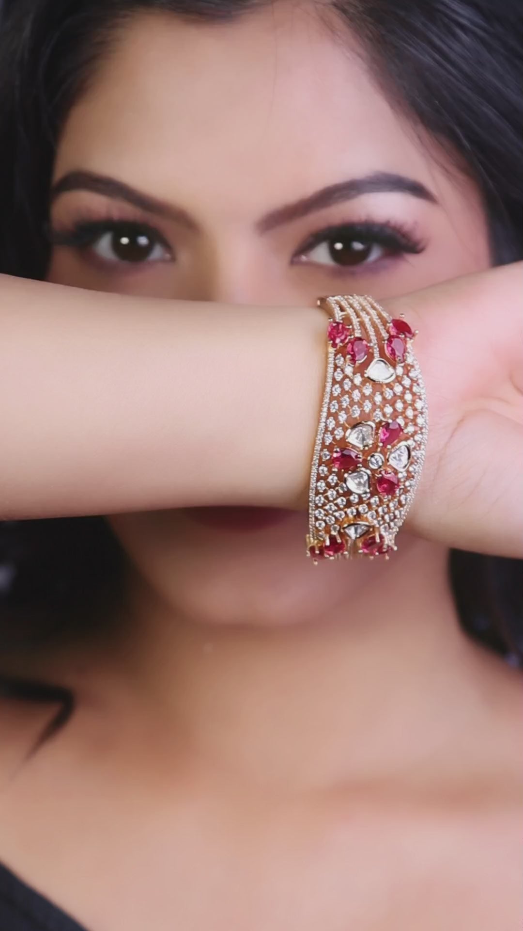 Polki Flower American Diamond Kada - Ruby Red video