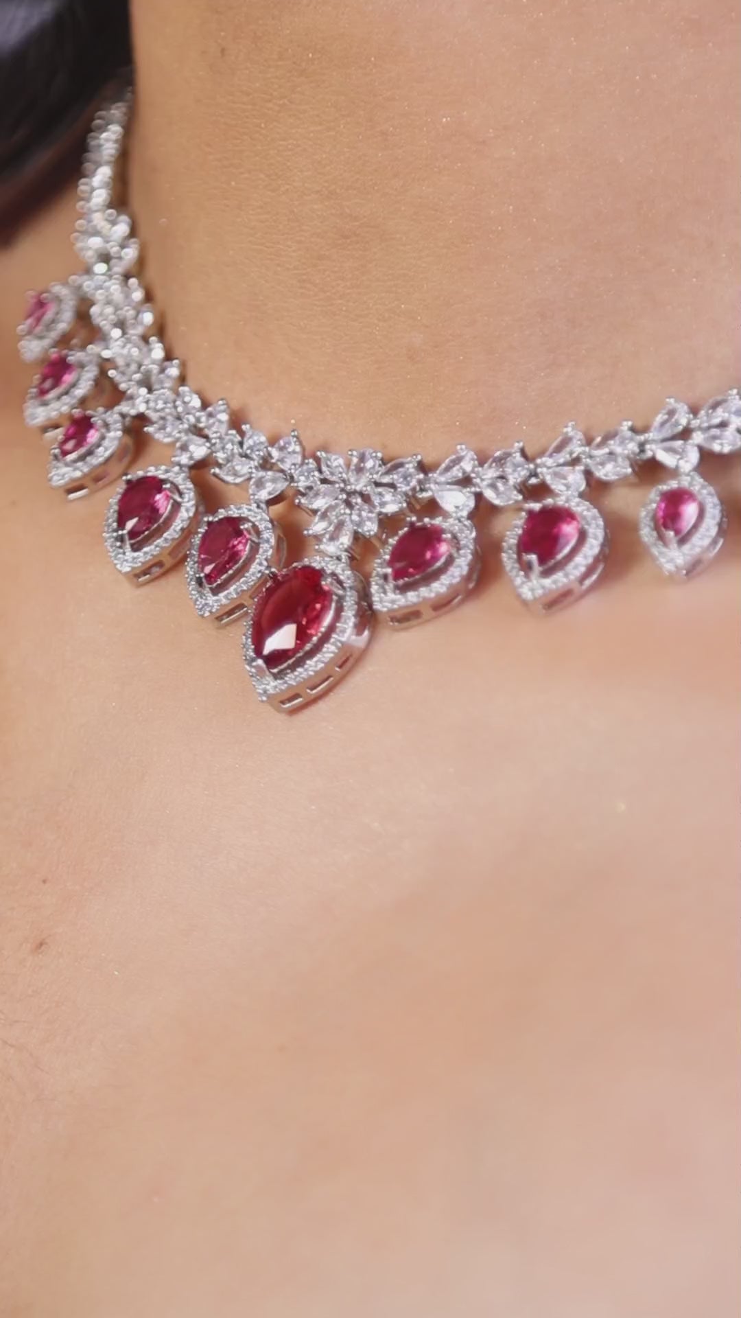 Ruby Red American Diamond Pear Drop Necklace Set video