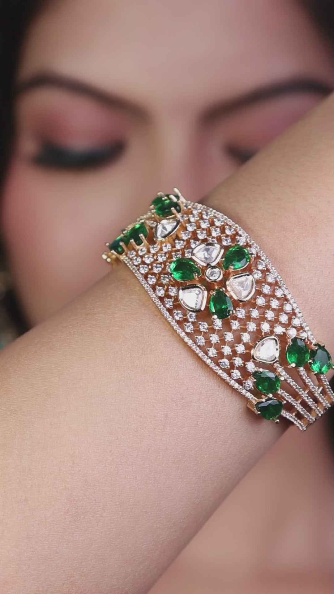 Polki Flower American Diamond Kada - Emerald Green video