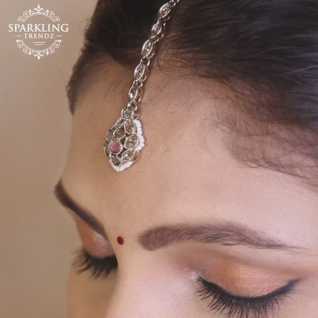 Pink Antique Polki Kundan Necklace Earrings Tika Set