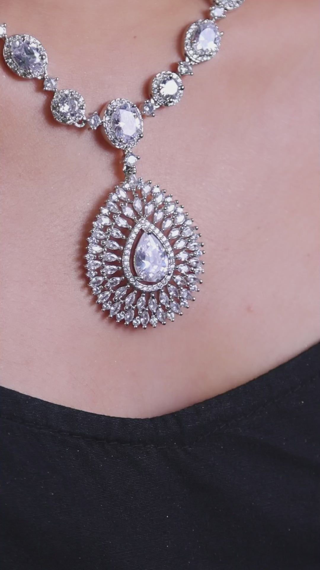 Clear American Diamond Teardrop Pendant Necklace Set video