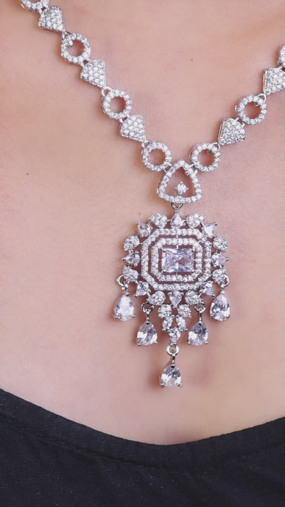 Clear American Diamond Pendant Necklace Set with Chandelier Earrings video