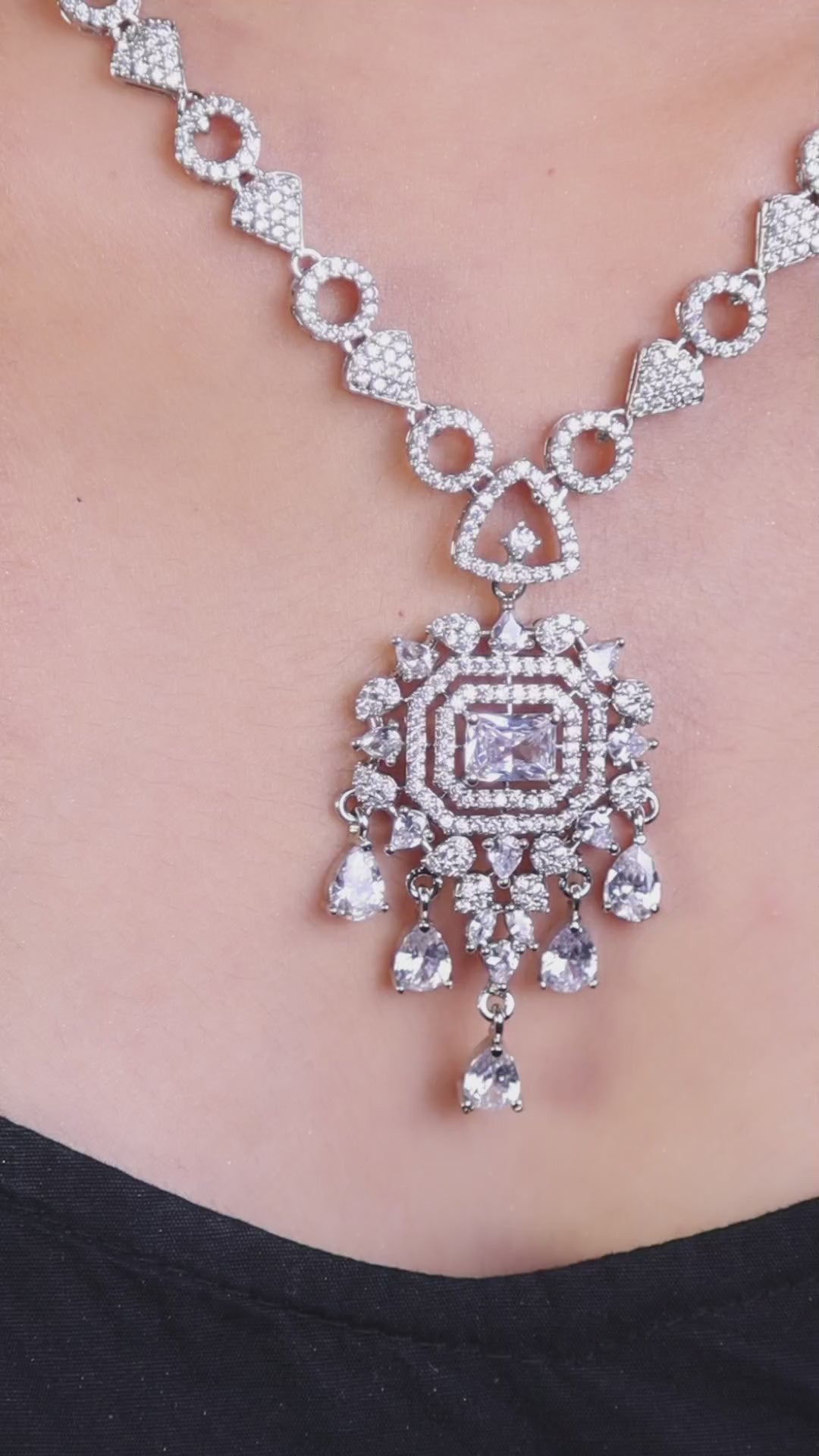 Clear American Diamond Pendant Necklace Set with Chandelier Earrings video
