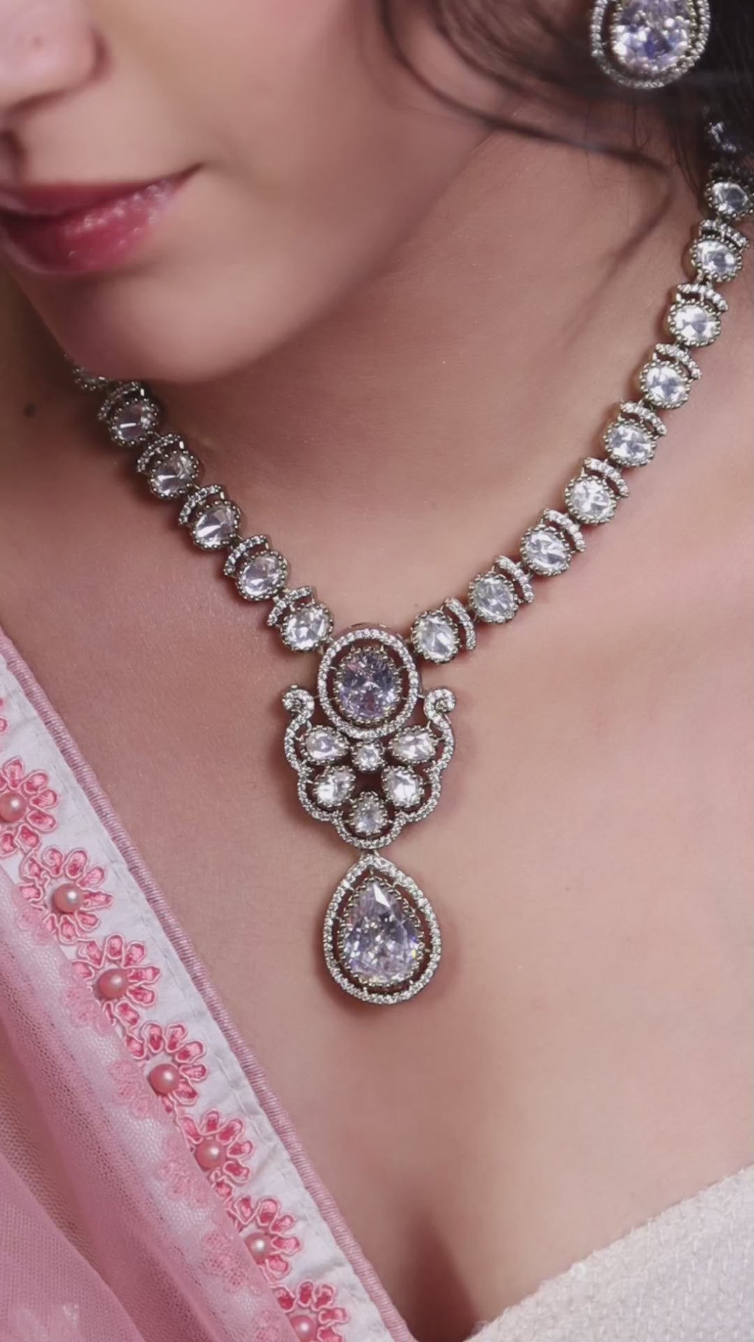 Ivory Victorian Kundan American Diamond Long Necklace Set video