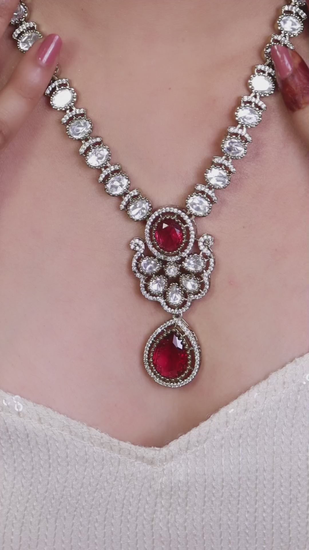 Ruby Red Victorian Kundan American Diamond Long Necklace Set video