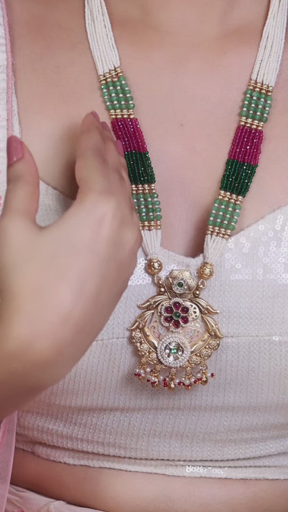 Multicolor Bead Pearl Long Necklace Set with Temple Pendant &amp; Jhumkas video