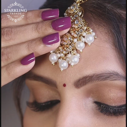 Pearl Polki Long Necklace Set With Maang Tikka