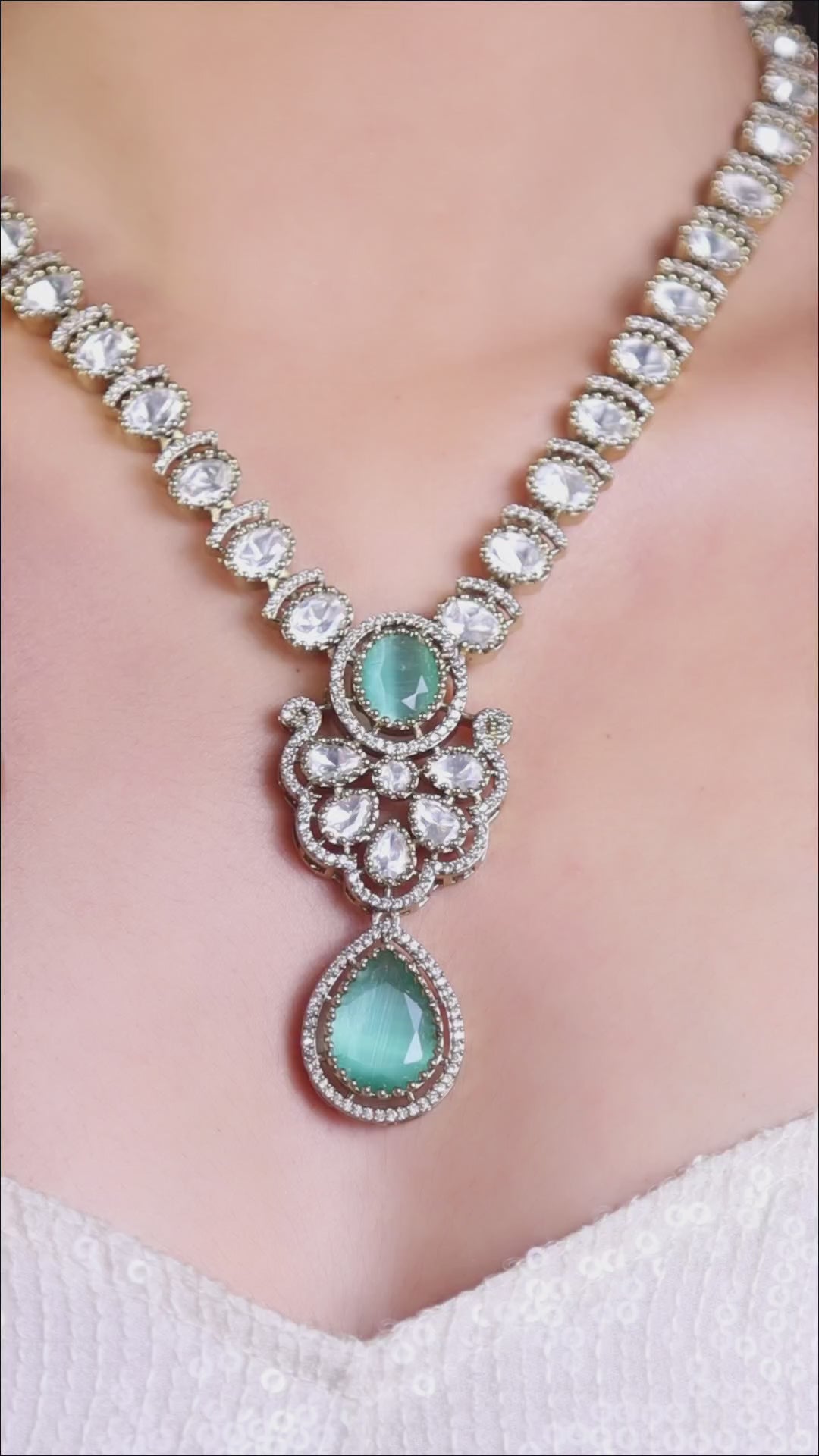 Mint Green Victorian Kundan American Diamond Long Necklace Set video