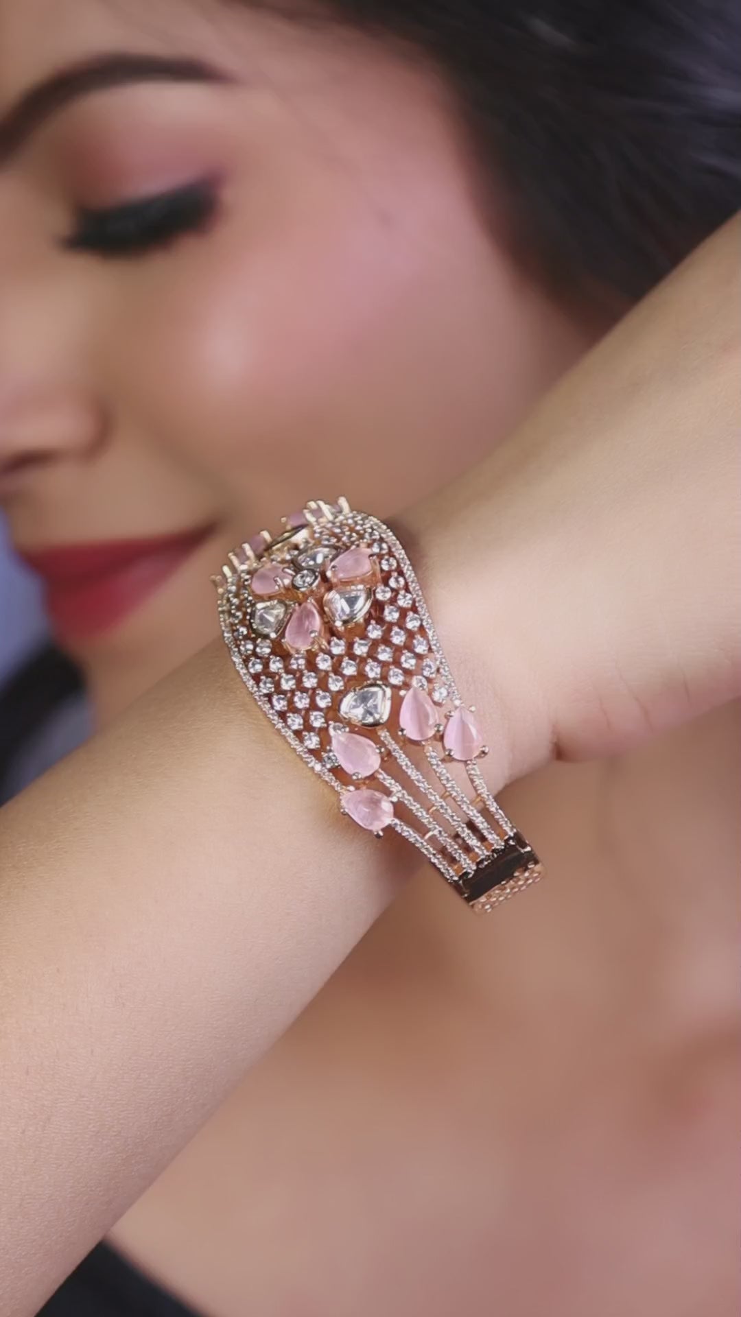 Polki Flower American Diamond Kada - Pink video