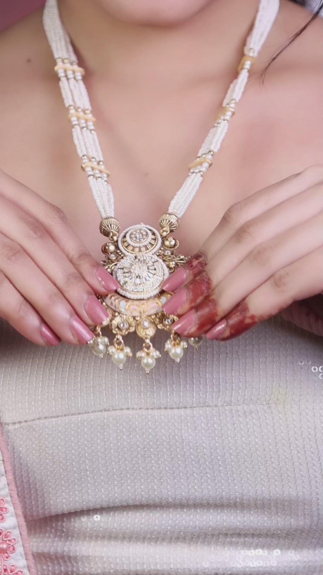 Antique Gold Pearl Strand Long Necklace Set with Pendant video