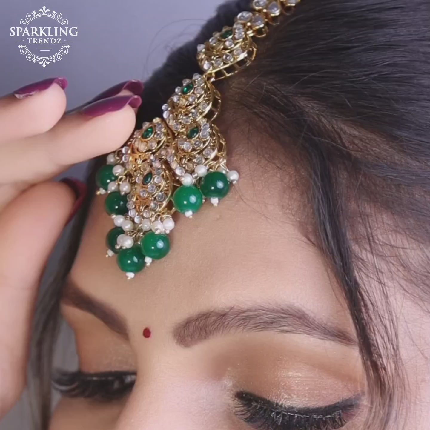 Emerald Green Polki Long Necklace Set With Maang Tikka