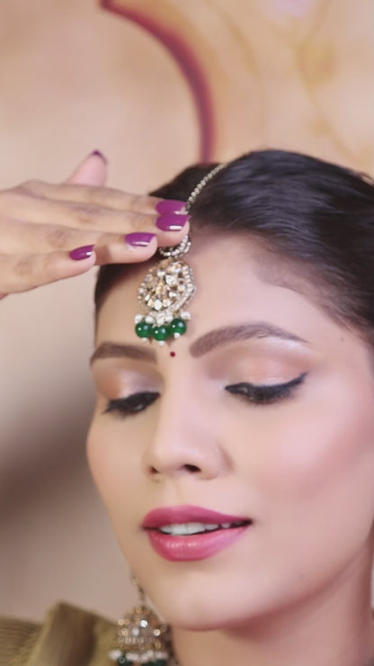 Emerald Green Three Layer Polki Necklace Set with Jhumkas &amp; Maang Tikka video