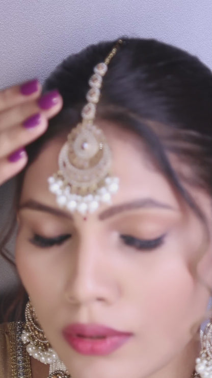 Antique Gold Polki Bridal Necklace Set with Pearl Strands, Chandbalis &amp; Maang Tikka video