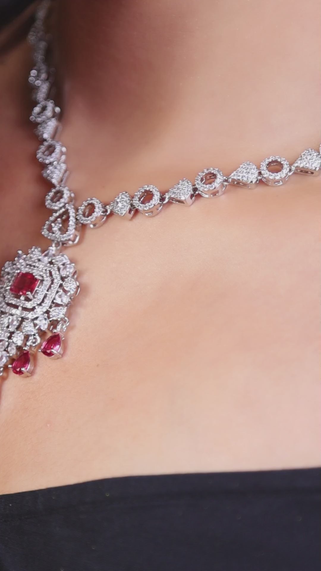 Ruby American Diamond Pendant Necklace Set with Chandelier Earrings video