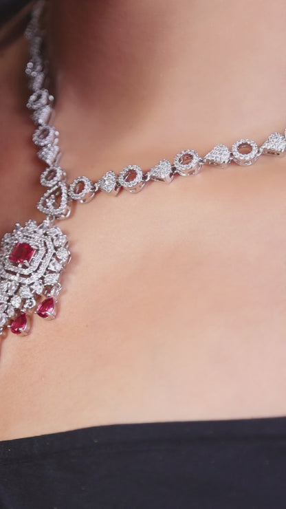 Ruby American Diamond Pendant Necklace Set with Chandelier Earrings video