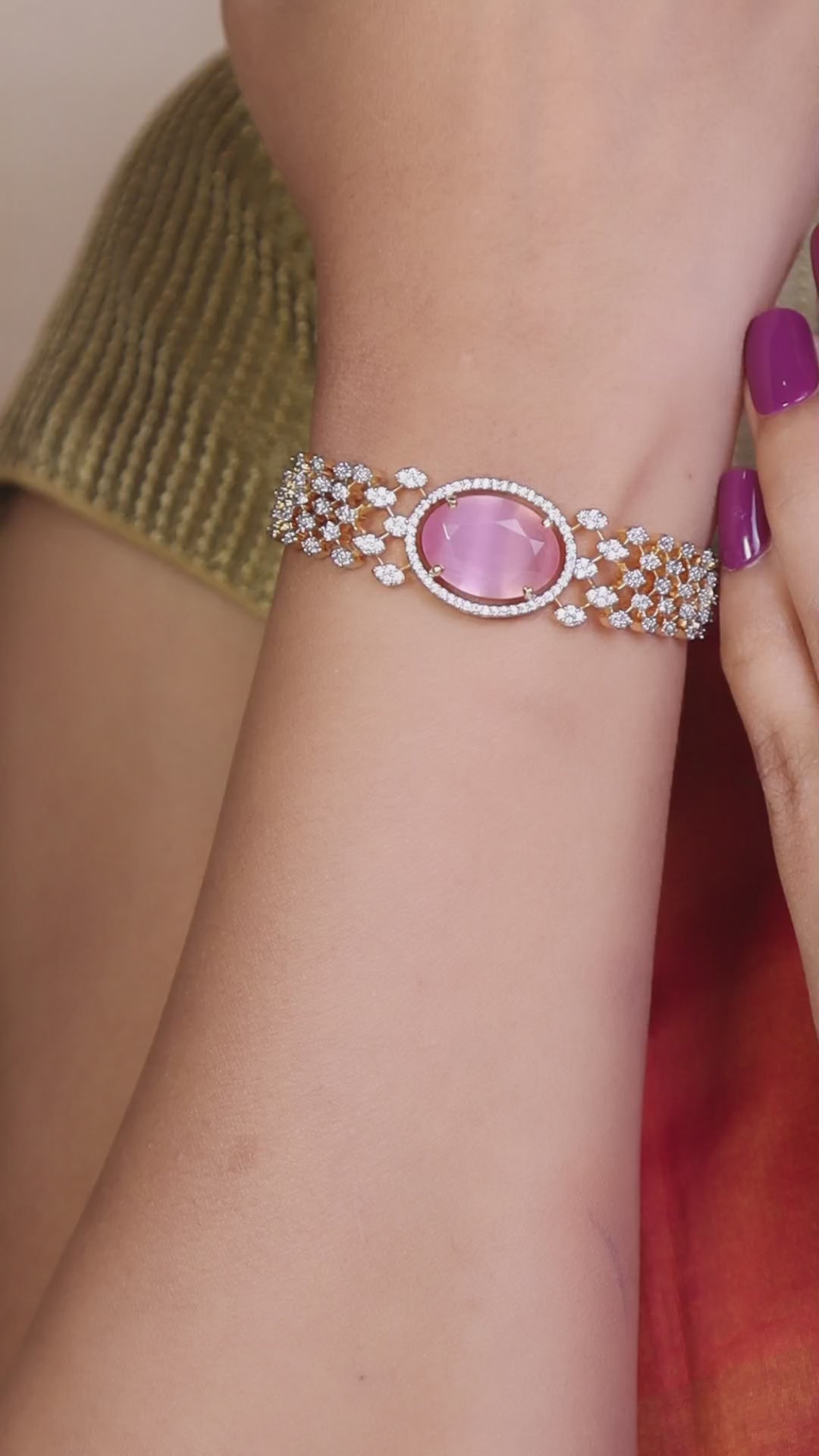 Adjustable Cubic Zirconia Bracelet with Oval Stone - Pink video