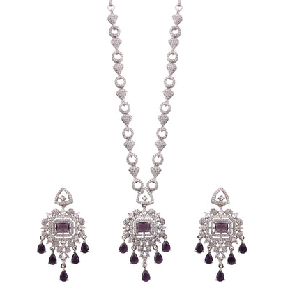 Amethyst Purple American Diamond Pendant Necklace Set with Chandelier Earrings