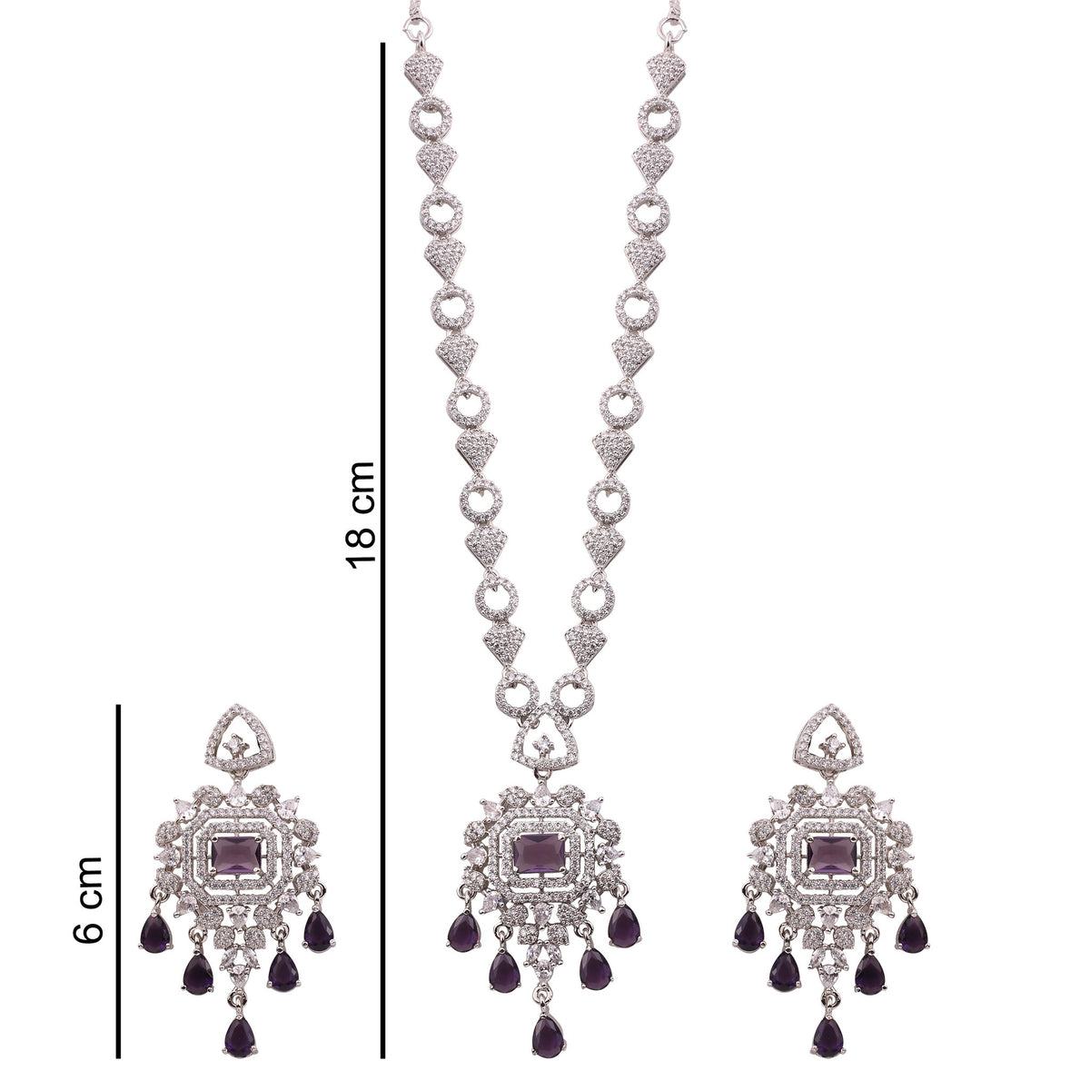 Amethyst Purple American Diamond Pendant Necklace Set with Chandelier Earrings, with dimensions