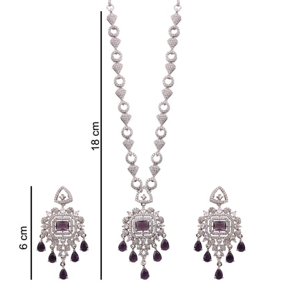 Amethyst Purple American Diamond Pendant Necklace Set with Chandelier Earrings, with dimensions