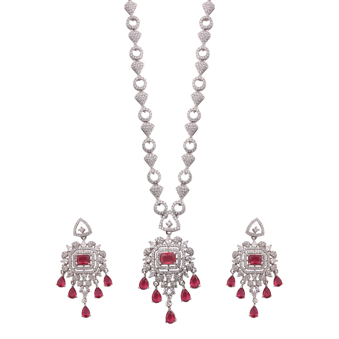 Ruby American Diamond Pendant Necklace Set with Chandelier Earrings
