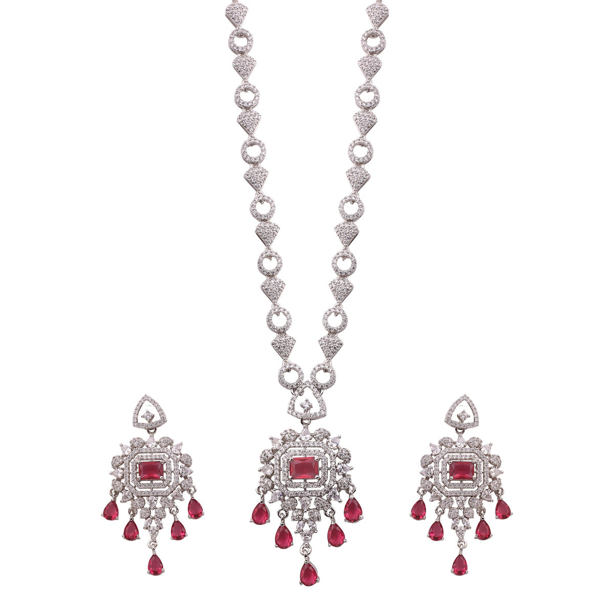 Ruby American Diamond Pendant Necklace Set with Chandelier Earrings