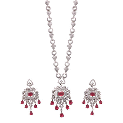 Ruby American Diamond Pendant Necklace Set with Chandelier Earrings