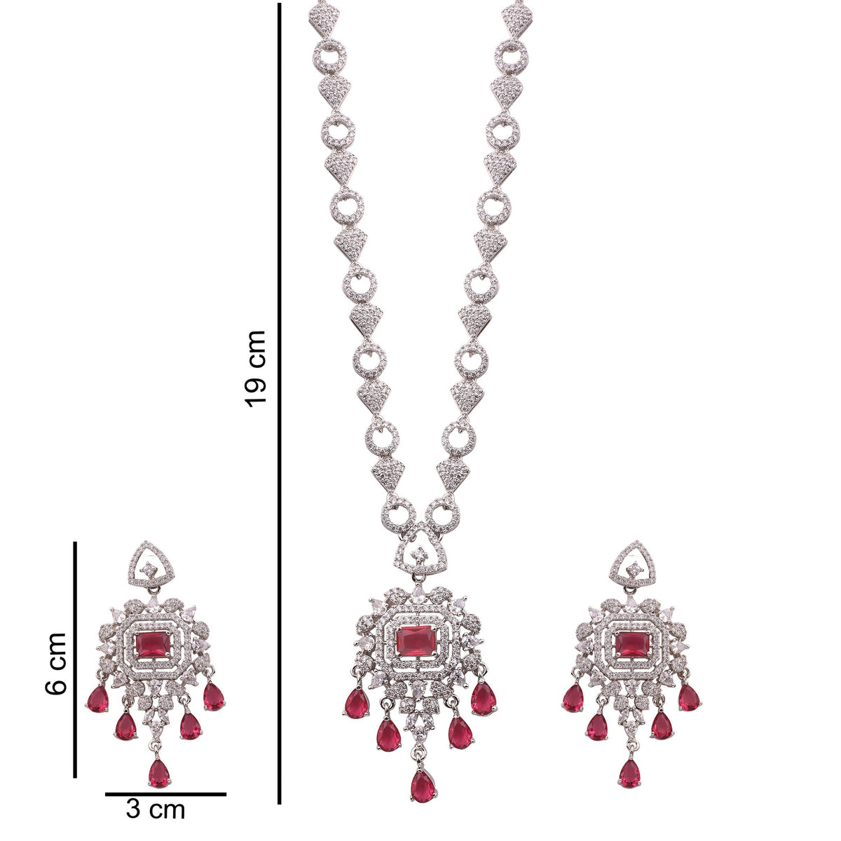 Ruby American Diamond Pendant Necklace Set with Chandelier Earrings, with dimensions