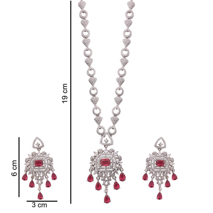 Ruby American Diamond Pendant Necklace Set with Chandelier Earrings, with dimensions