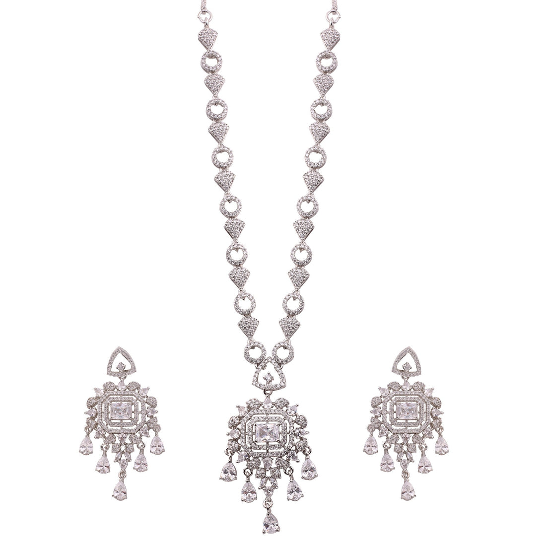 Clear American Diamond Pendant Necklace Set with Chandelier Earrings