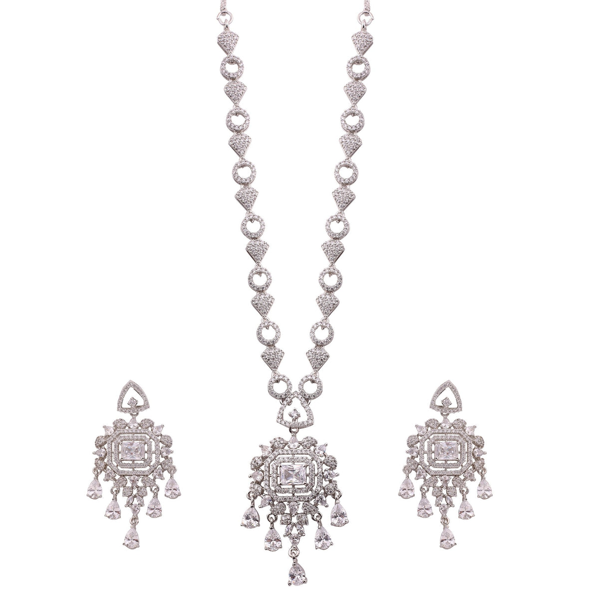 Clear American Diamond Pendant Necklace Set with Chandelier Earrings