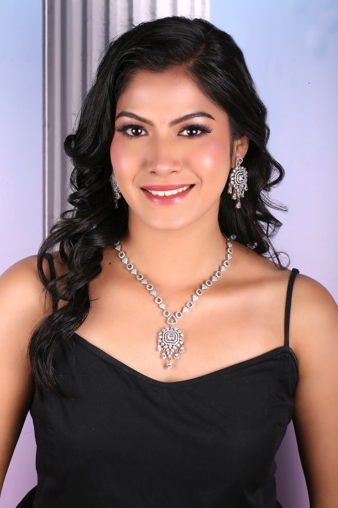Clear American Diamond Pendant Necklace Set with Chandelier Earrings, worn by model