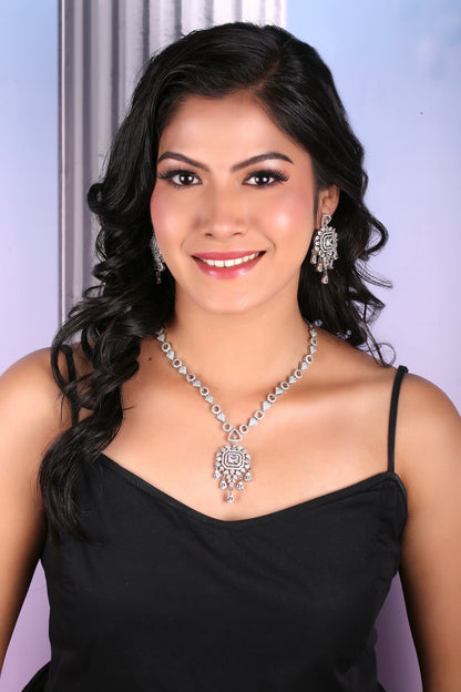 Clear American Diamond Pendant Necklace Set with Chandelier Earrings, worn by model