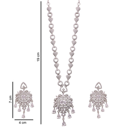 Clear American Diamond Pendant Necklace Set with Chandelier Earrings, with dimensions