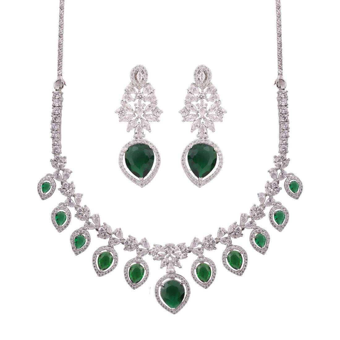Emerald Green American Diamond Pear Drop Necklace Set