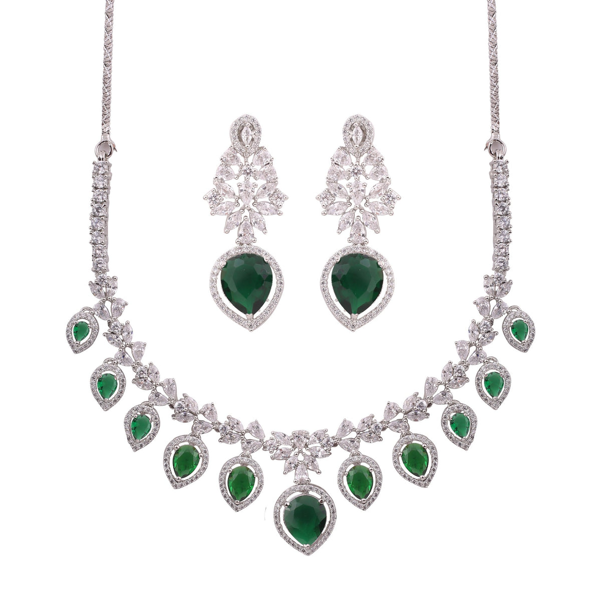 Emerald Green American Diamond Pear Drop Necklace Set