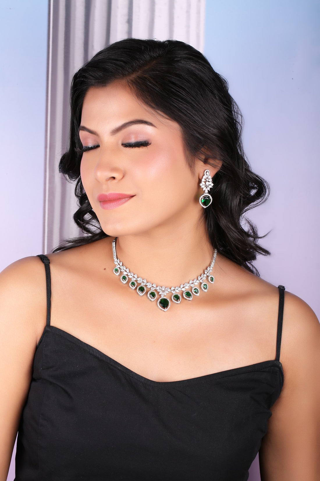 Emerald Green American Diamond Pear Drop Necklace Set, worn by model