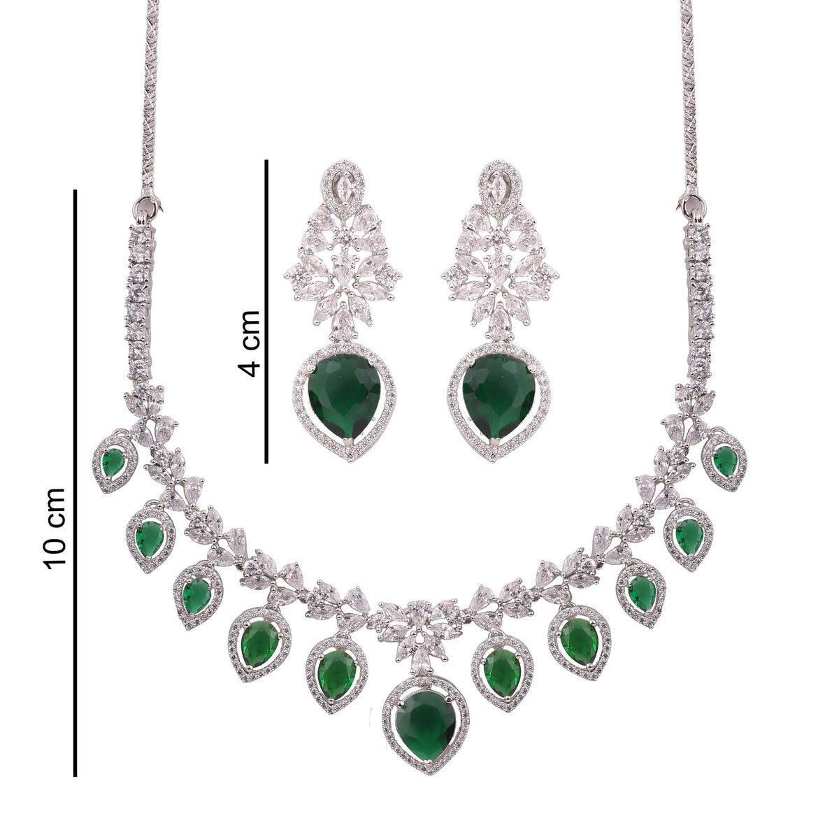 Emerald Green American Diamond Pear Drop Necklace Set, with dimensions